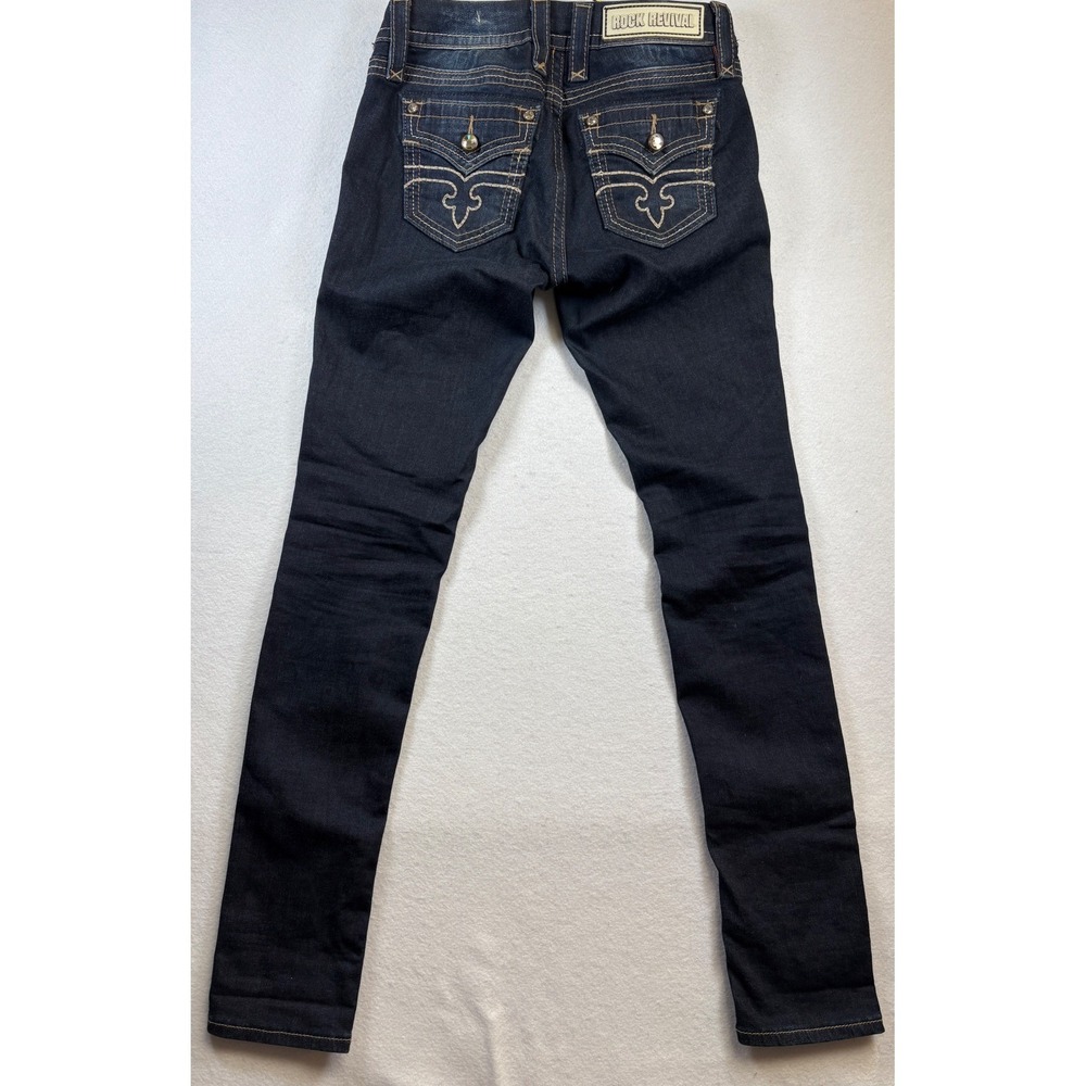Rock Revival Skinny Jeans Dark Wash Embellished Back Pockets Signature Stitching - Picture 3 of 11